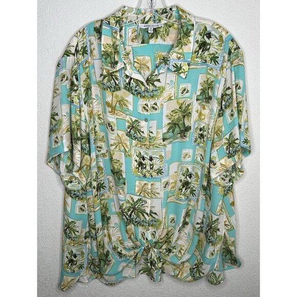 Rose+Olive Top Womens 2X Blue Green Avocado Button Up Tie Front Lightweight - Picture 1 of 12